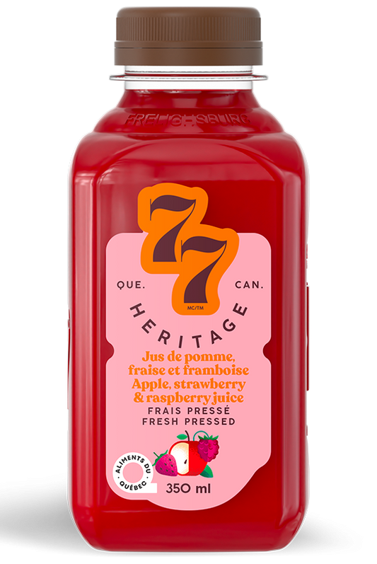 A bottle of Héritage 77 juice (350 ml) in apple, strawberry, and raspberry flavor, featuring a fresh fruit blend in a clear, labeled bottle.
