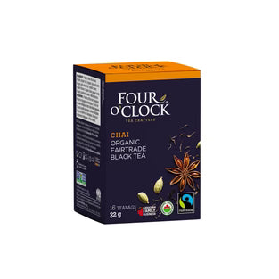 Purple box of 16 chai flavoured organic fairtrade black teabags by Four O'clock