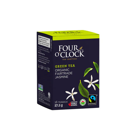Purple box of 16 jasmine flavoured organic fairtrade green teabags by Four O'clock