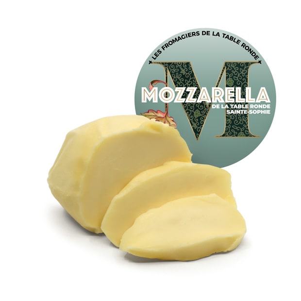 A container of Les Fromagers de la Table Ronde mozzarella, featuring fresh white mozzarella with a soft, creamy texture in liquid.