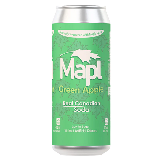 A can of MAPL SODA green apple soft drink, maple-sweetened with a crisp, refreshing apple flavor.