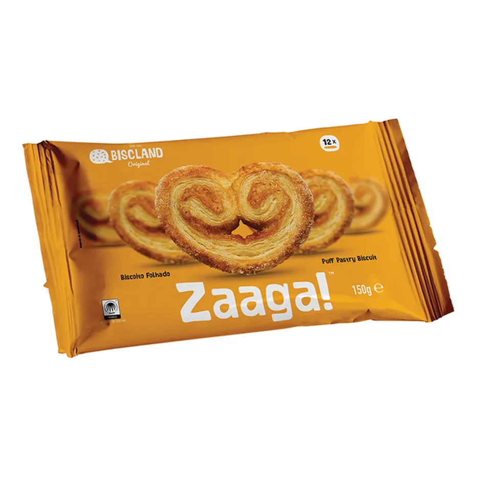 A package of Biscland Zaaga puff pastry biscuits (150g) with a golden wrapper, featuring heart-shaped palmier cookies on the front