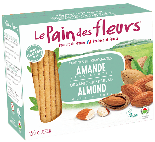 A packages of Le Pain des Fleurs gluten-free almond crispbreads, showcasing light, crunchy crispbread with almond flavor in branded packaging.