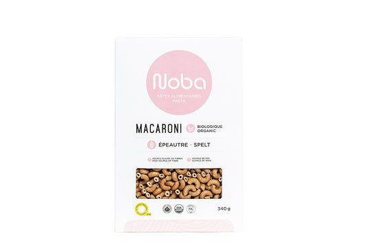 White and pink box of spelt organic macaroni by Noba