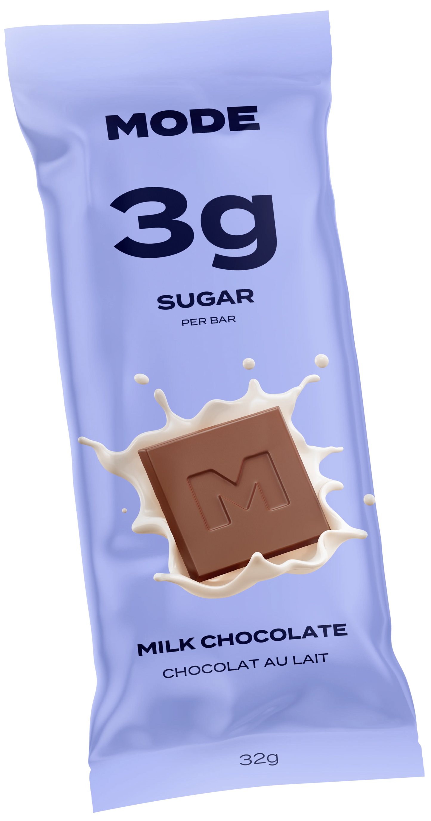 A packaged MODE milk chocolate bar (32g) labeled “3g sugar per bar,” shown in a light blue wrapper with a chocolate square splashing into milk graphic.