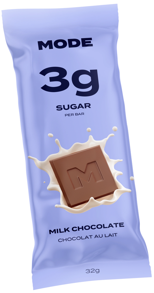 A packaged MODE milk chocolate bar (32g) labeled “3g sugar per bar,” shown in a light blue wrapper with a chocolate square splashing into milk graphic.