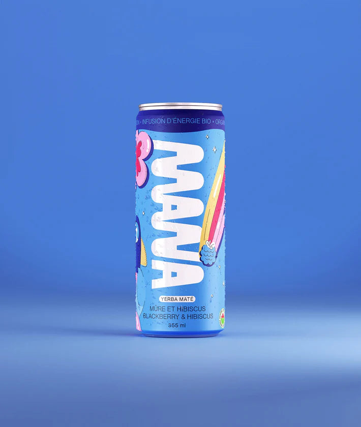 A can of MANA organic yerba maté energizing infusion Blackberry & Hibiscus, showcasing a vibrant, floral and berry-infused energizing drink.