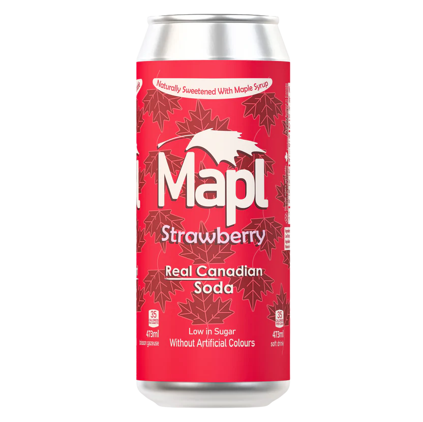 A can of MAPL SODA strawberry soft drink, maple-sweetened with a sweet and fruity berry taste.