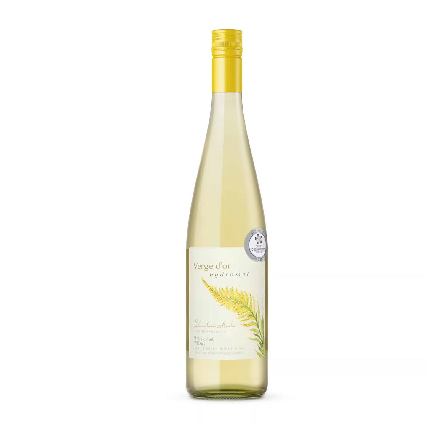 A bottle of hydromel (mead) with a labeled glass container, showcasing a light golden liquid