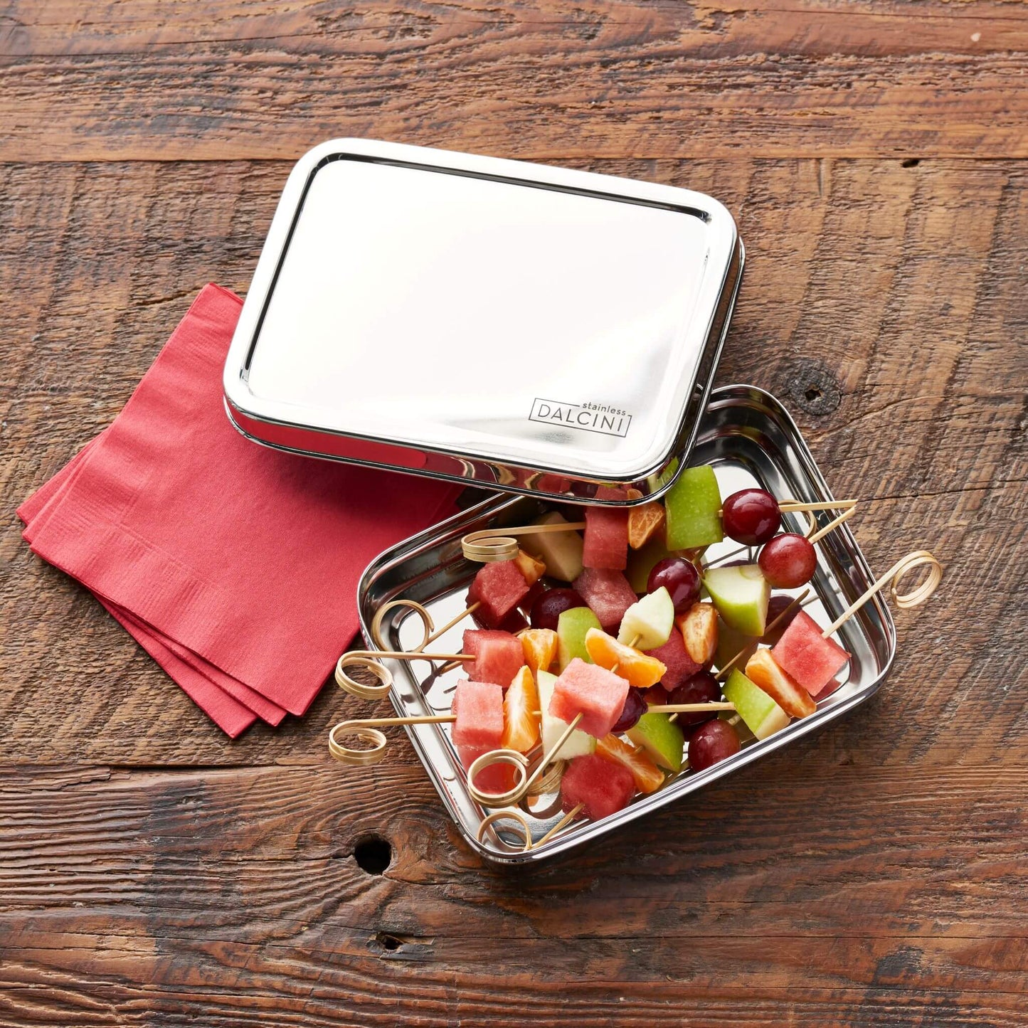 Fruit kebabs in stainless steel food storage box