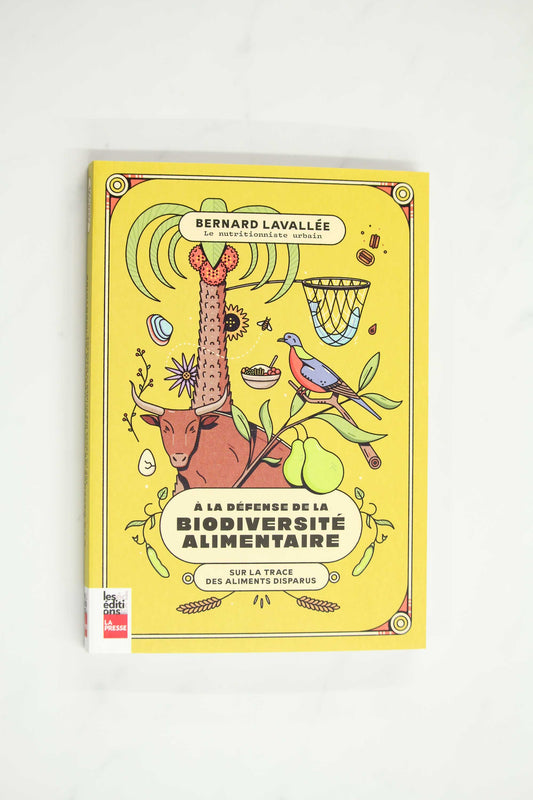 À la recherche de la biodiversité alimentaire yellow book cover with illustration of various fauna, food, and flora on cover