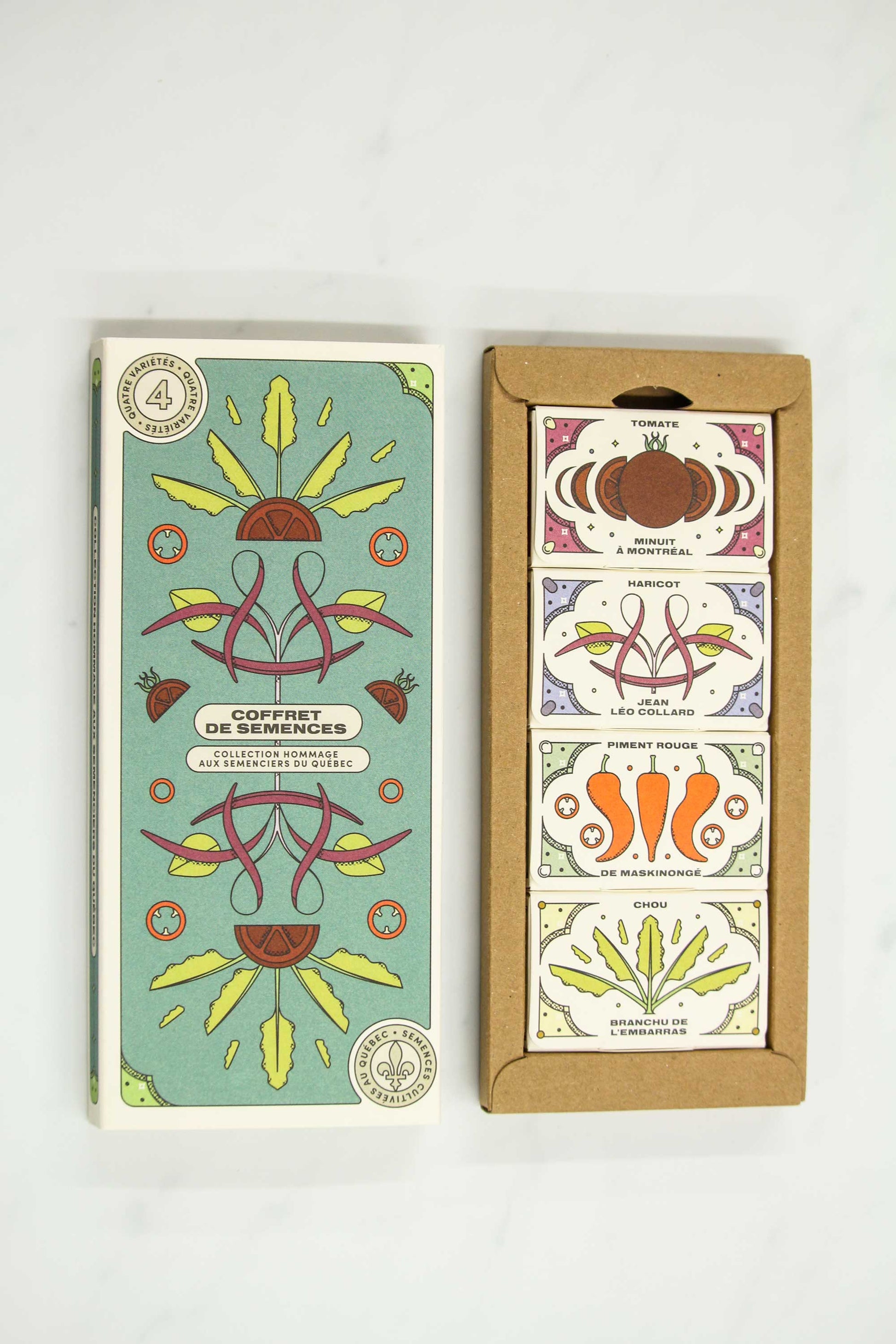 Open Tribute to Quebec Seed Growers seed collection box set with midnight in Montreal tomato, Jean Léo collard climbing bean, Maskinongé red pepper, cabbage