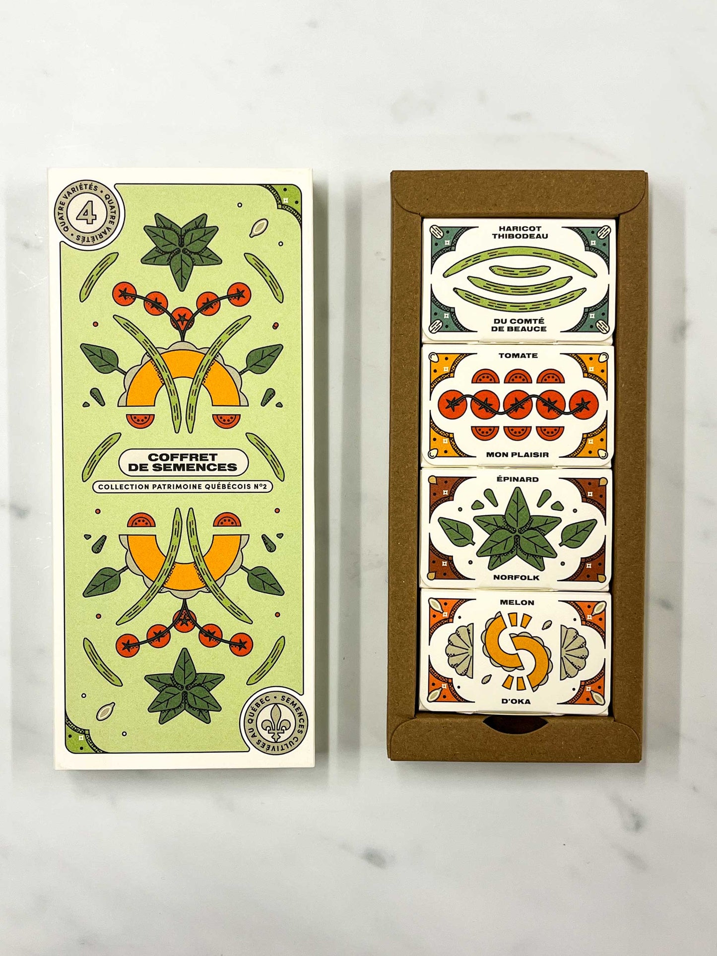Open Quebec Heritage seed collection box set with Thibodeau de Beauce green bean, , my pleasure tomato, , Norfolk spinach, Oka melon