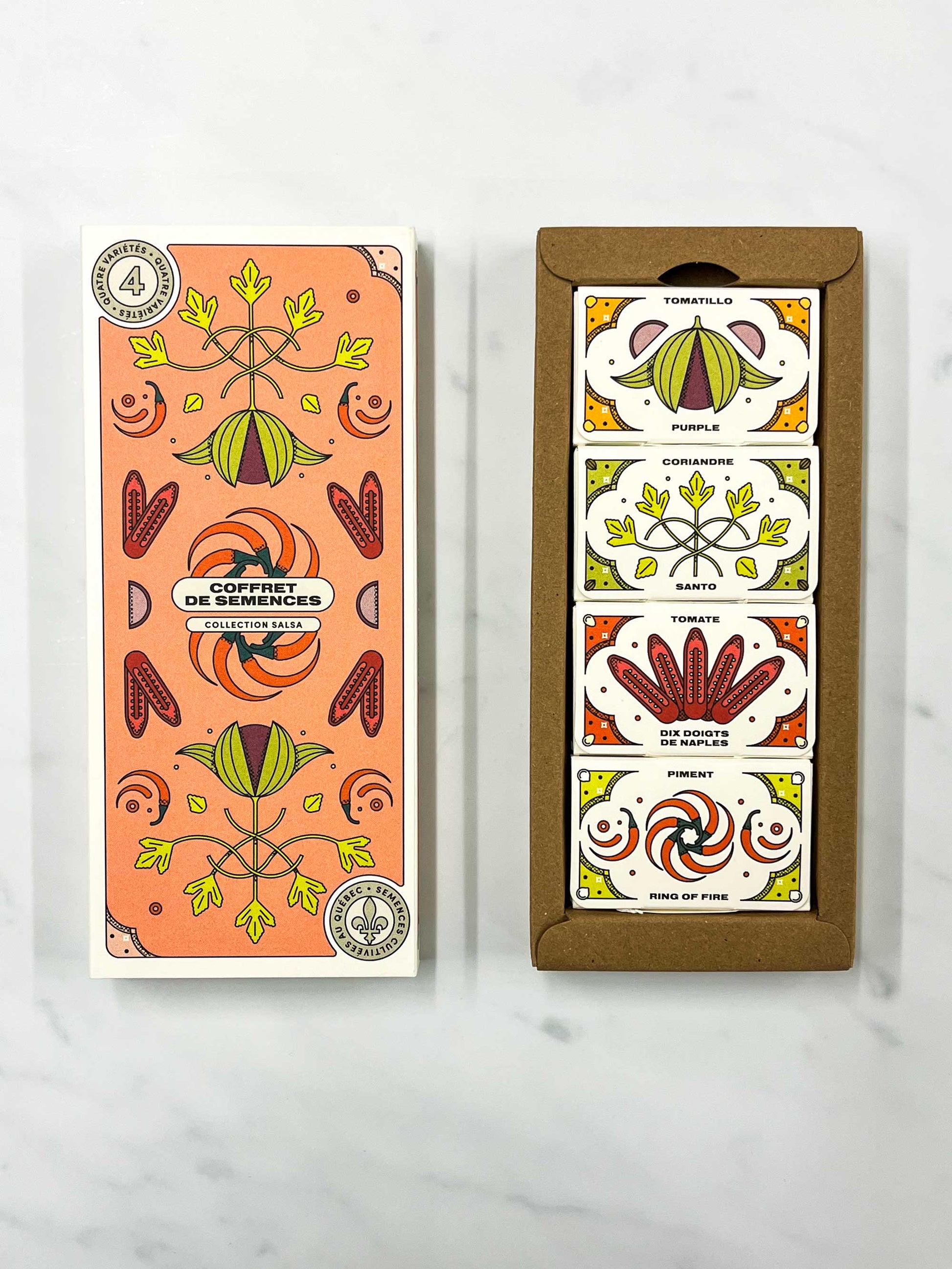 Open Salsa seed collection box set with purple tomatillo, coriander, ten fingers of Naples tomato, ring of fire chili pepper