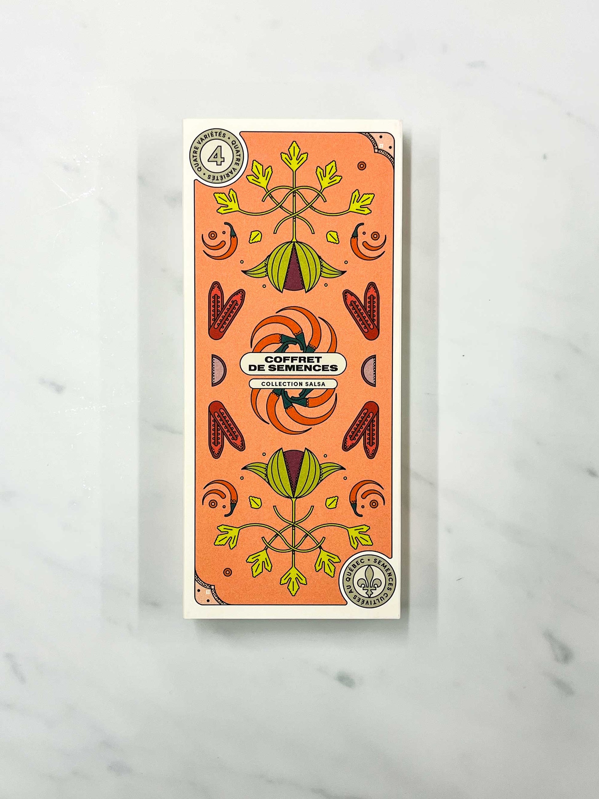 Salsa seed collection box set with illustrations of purple tomatillo, coriander, ten fingers of Naples tomato, chili peppers