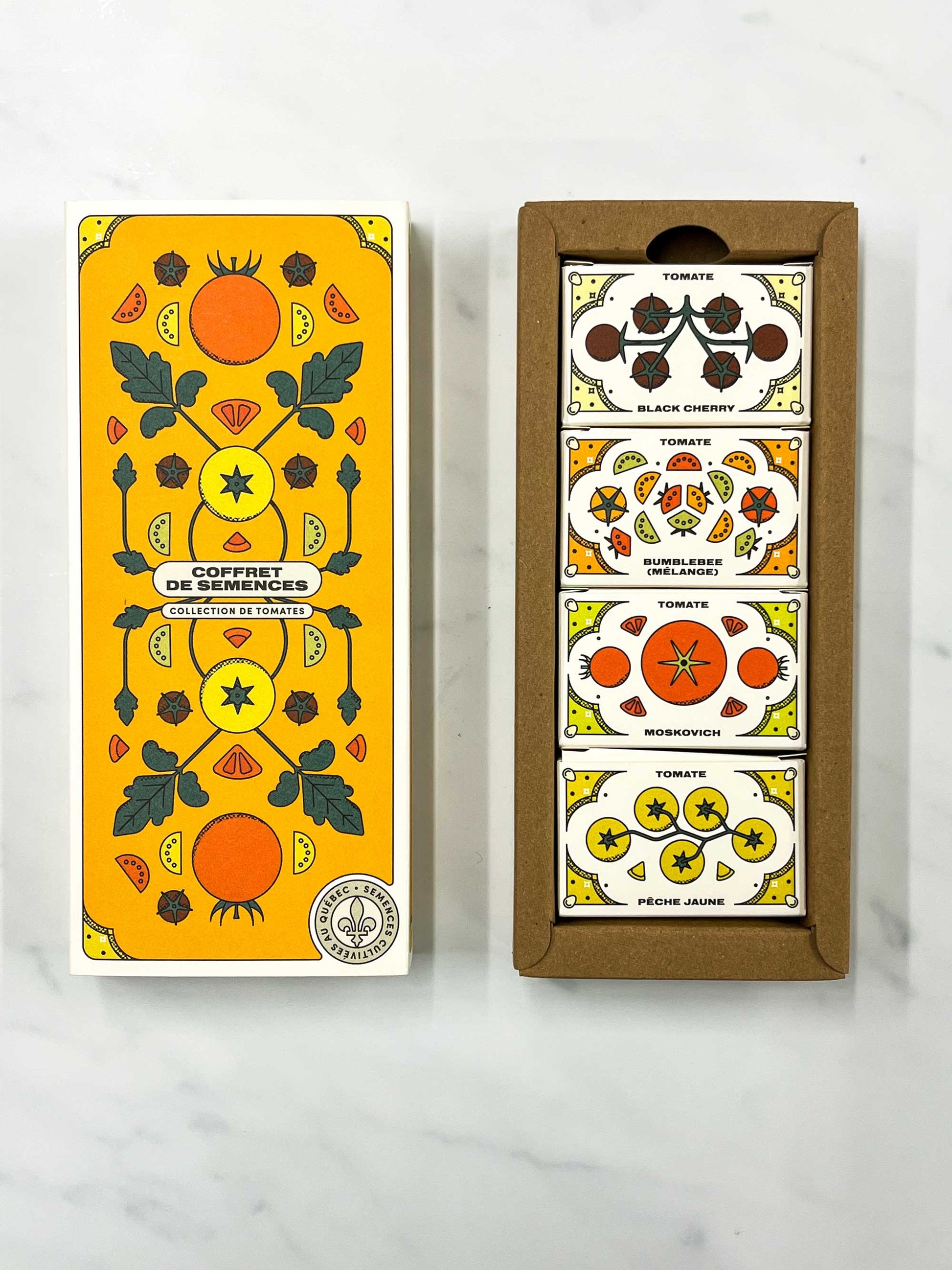 Open Tomato seed collection box set with black cherry tomato, bumblebee tomato, Moskovich tomato, yellow peach tomato