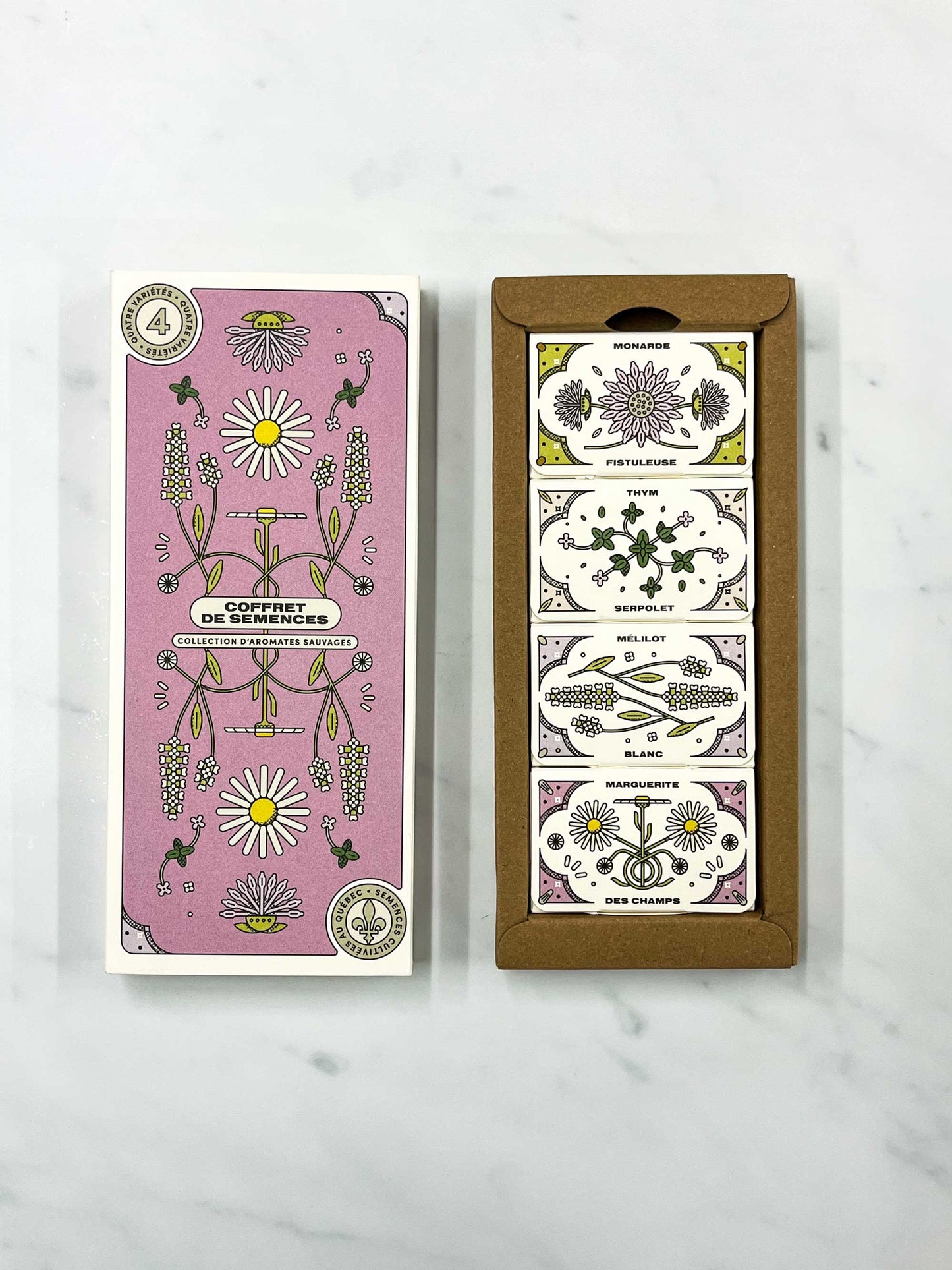 Open Wild Aromatics seed collection box set with bergamot flower, thyme, white sweet clover, wild daisy