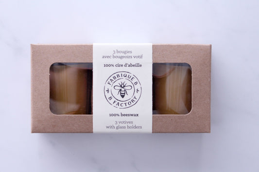 3 pure beeswax votive candles in gift box with B Factory logo on lid