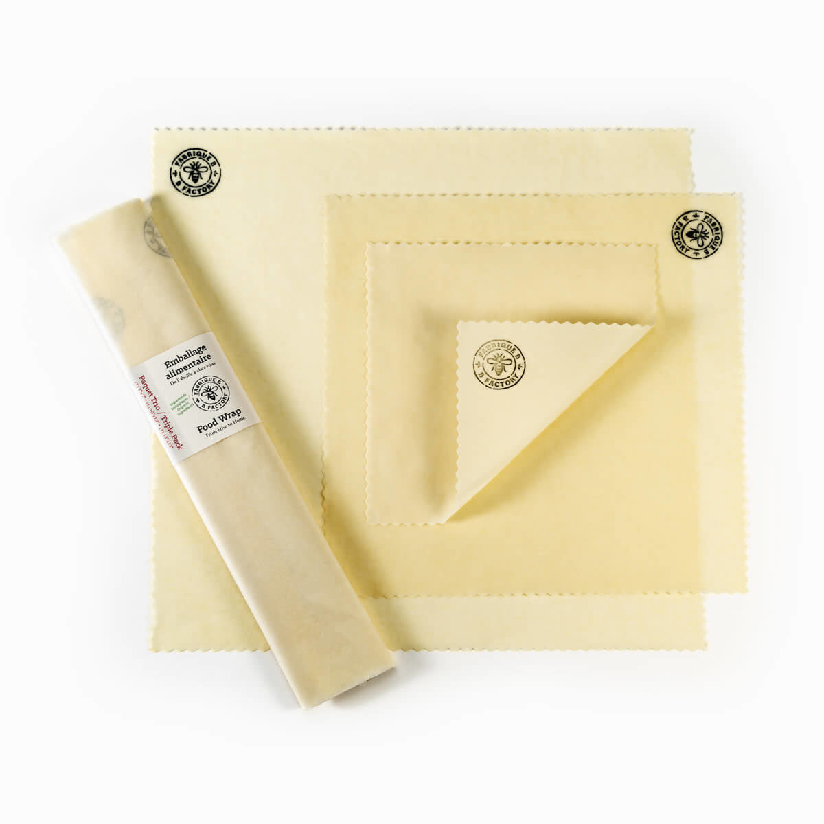 Pack of 3 reusable beeswax wraps with B Factory logo: 1 small beeswax wrap, 1 medium beeswax wrap, 1 large beeswax wrap