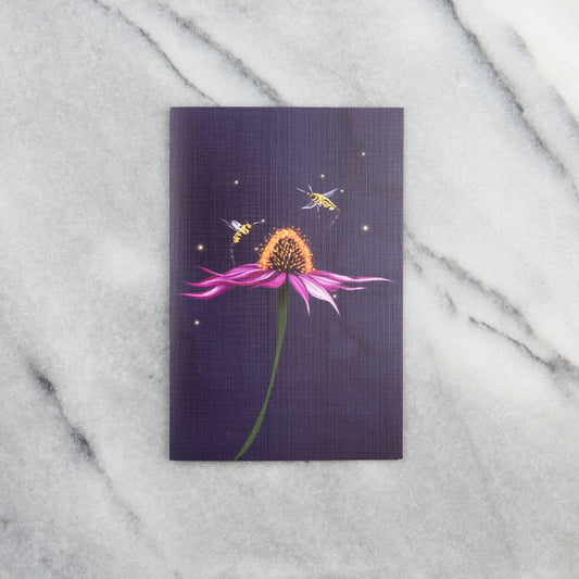 Greeting card with echinacea flower and honeybees on blue background