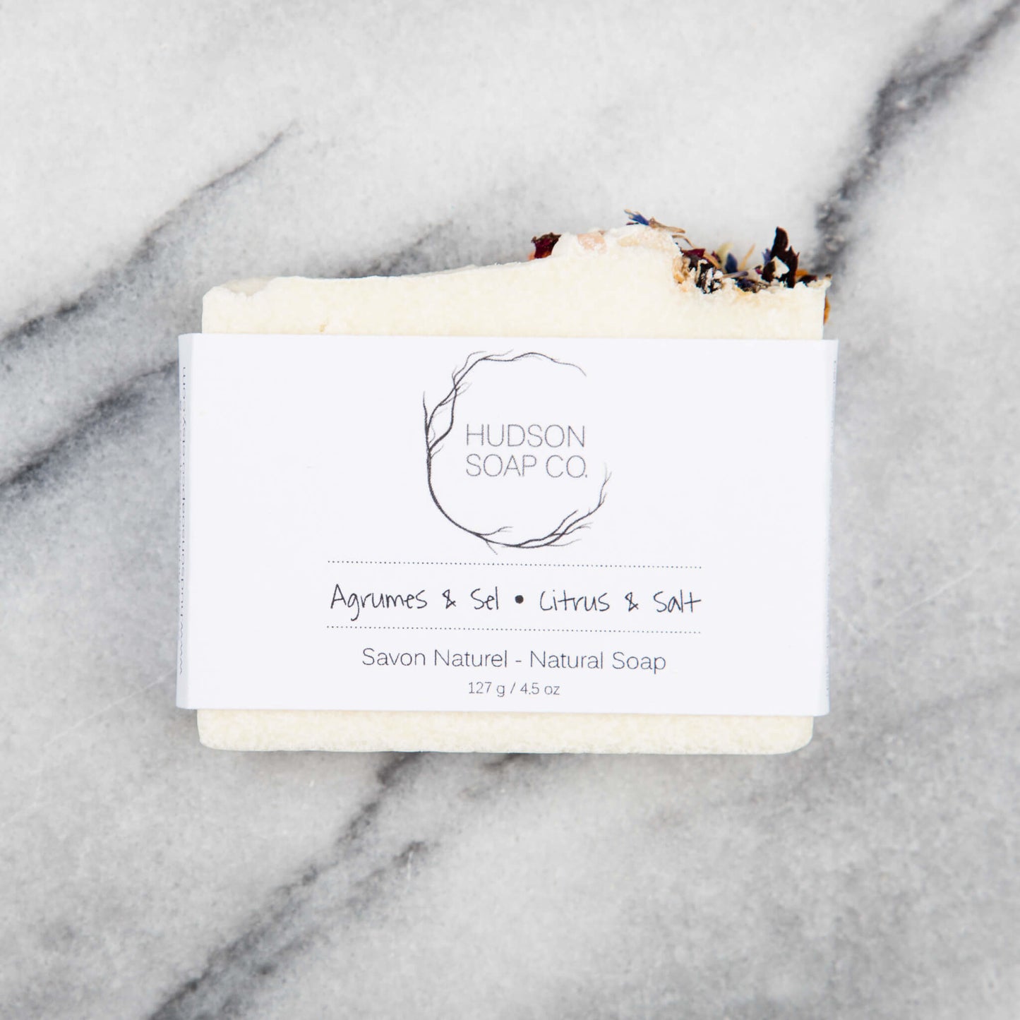 Cold process natural citrus and salt soap in Hudson Soap Co white packaging