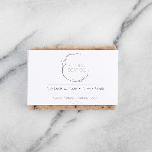 Cold process natural coffee scrub soap in Hudson Soap Co white packaging