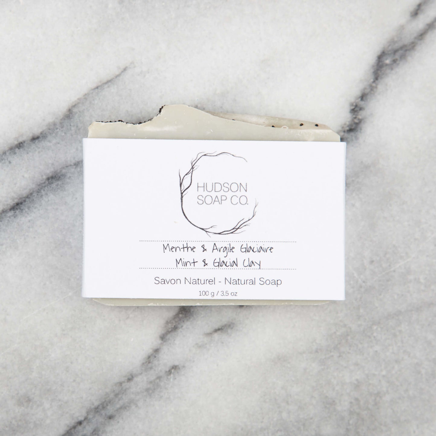 Cold process natural clay hand soap in Hudson Soap Co white packaging