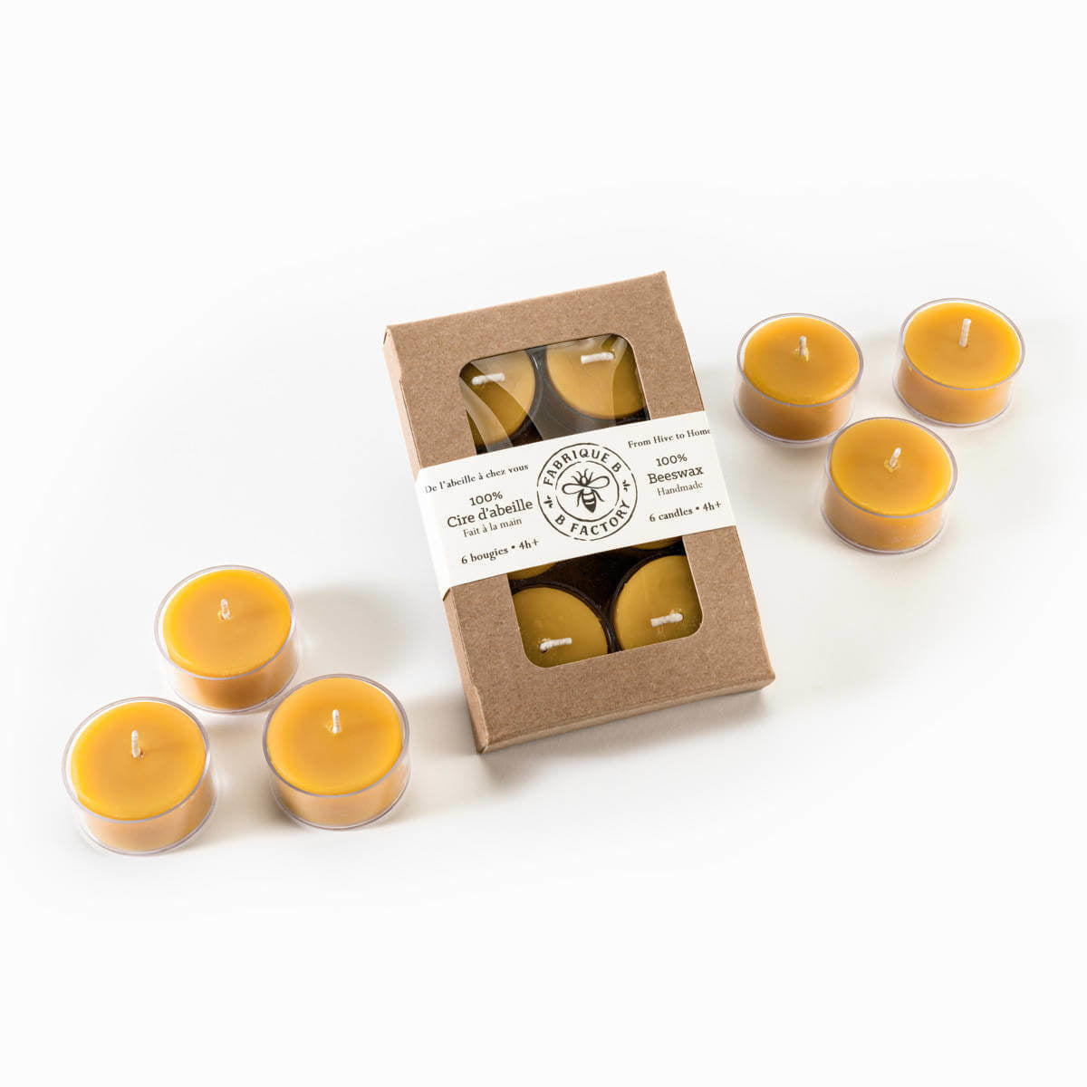 6 beeswax tea light candles surrounding set of 6 beeswax tea light candles in gift box with B Factory logo on lid