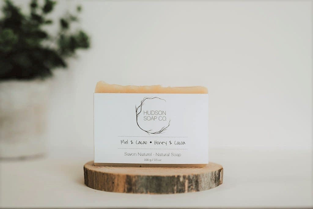 Handmade natural honey and cocoa soap bar in Hudson Soap Co. White packaging