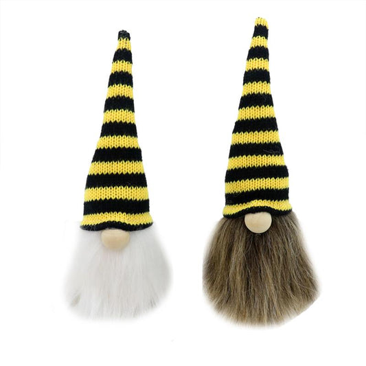 White bearded gnome plushie head and brown bearded gnome plushie head with nose sticking out from striped black and yellow hat.