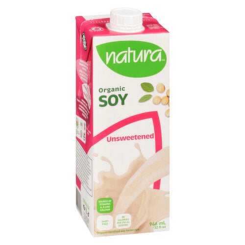 A carton of Natura organic unsweetened soy milk, featuring a smooth, plant-based dairy alternative