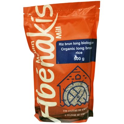 A bag of ABÉNAKIS organic long brown rice, featuring whole grain rice with a nutty texture in resealable, branded packaging.