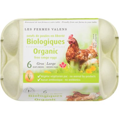 A carton of Les Fermes Valens organic large eggs (6 count), featuring farm-fresh eggs in a labeled carton.