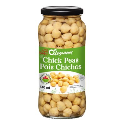 A glass jar of O’Légumes chickpeas (540 ml) with a green label, filled with whole cooked chickpeas and sealed with a black lid