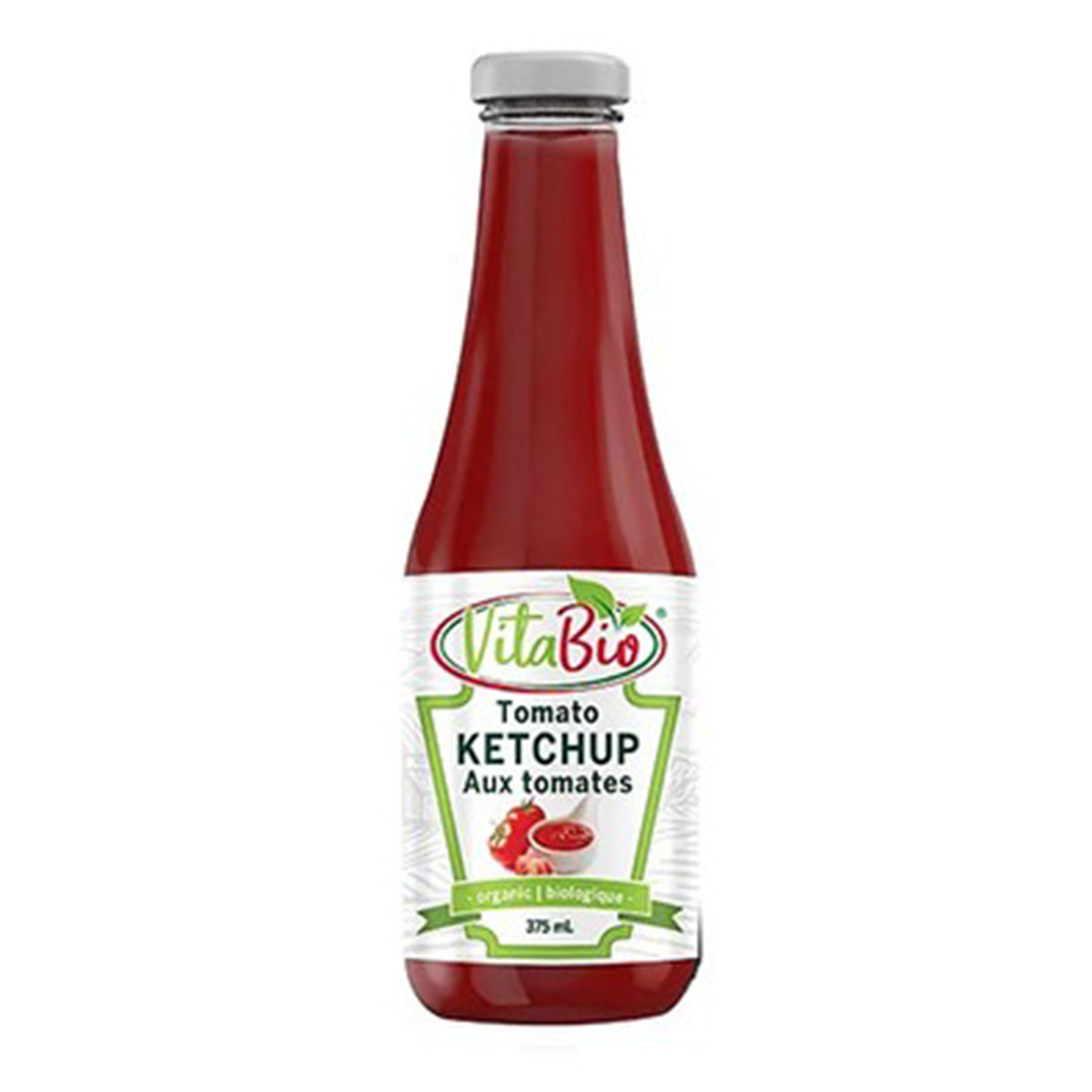 A bottle of Vitabio organic ketchup, featuring a smooth tomato-based condiment made with organic ingredients in a squeezable package.