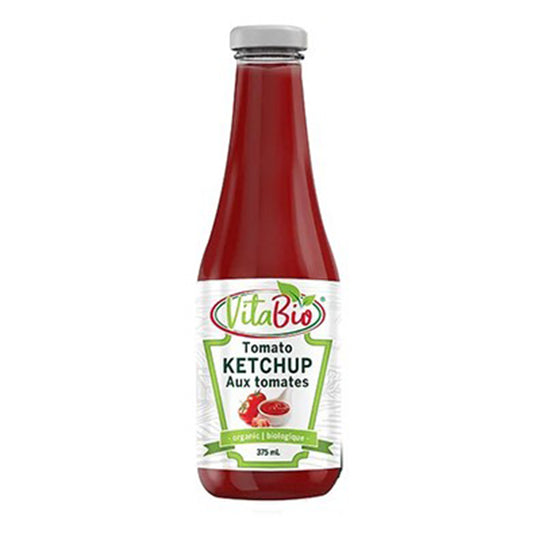 A bottle of Vitabio organic ketchup, featuring a smooth tomato-based condiment made with organic ingredients in a squeezable package.