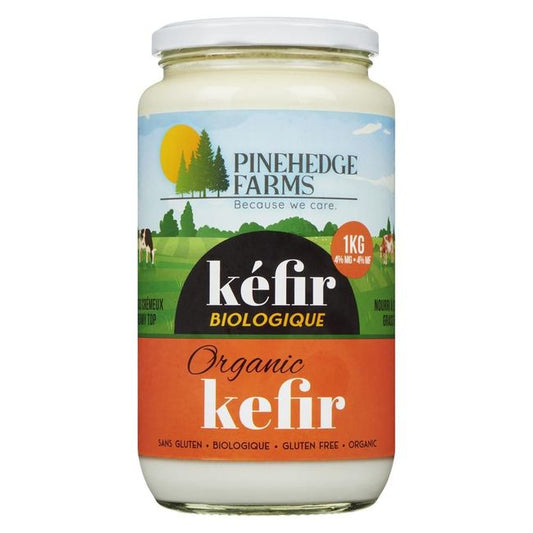 A bottle of Pinehedge Farms organic kefir, featuring a creamy fermented milk drink in branded packaging.