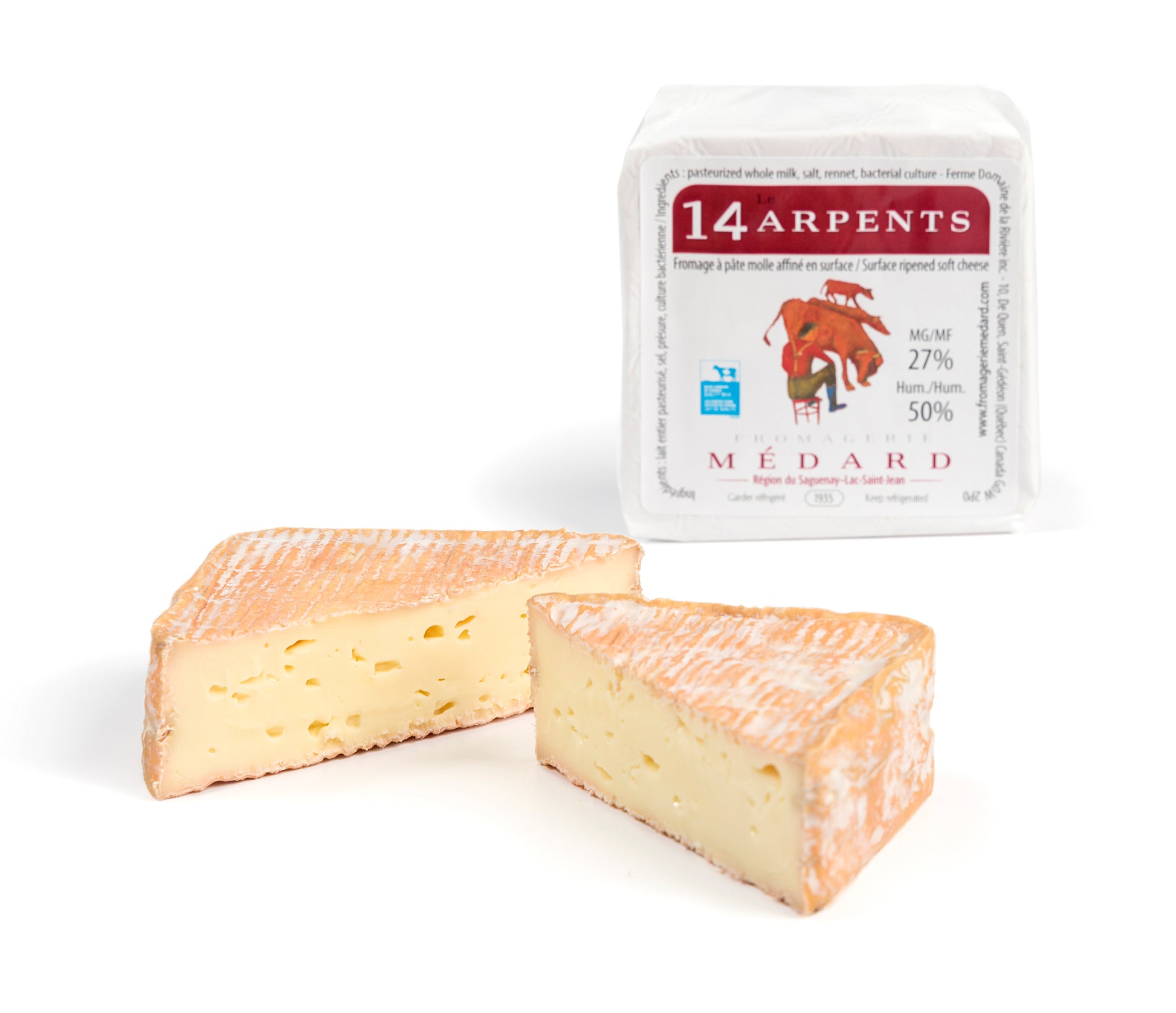 A soft-ripened Le 14 Arpents cheese with a washed rind, shown cut into wedges revealing a creamy pale interior, with the original packaging in the background