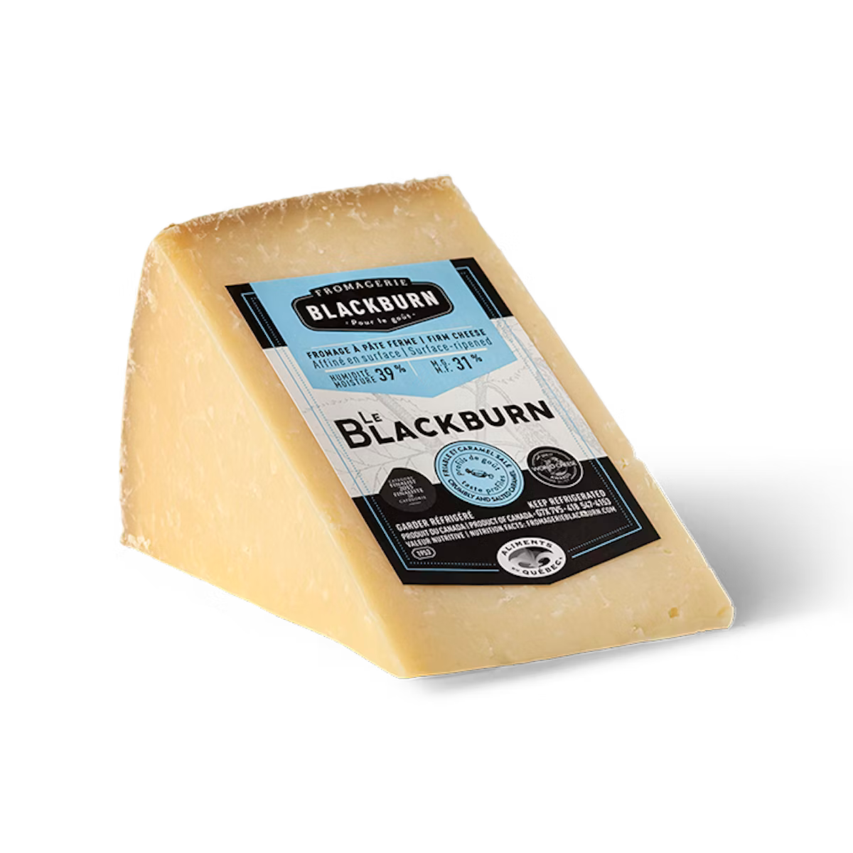 A wheel of Fromagerie Blackburn cheese, featuring a semi-firm texture with a natural rind and pale interior in branded packaging.