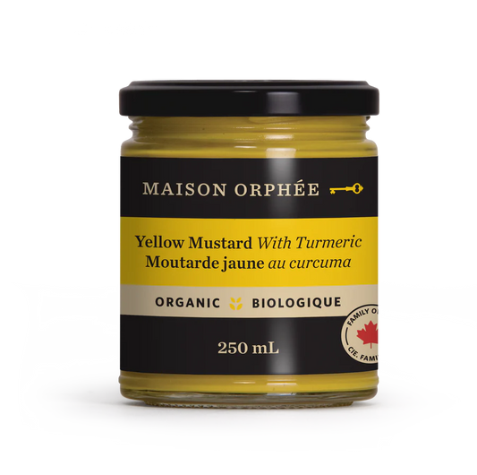 A jar of Maison Orphée organic yellow mustard, featuring a smooth, tangy mustard made with organic ingredients in branded packaging.
