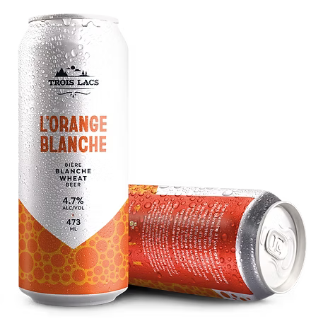 Two cans of L'Orange Blanche beer by Trois Lacs on a white background