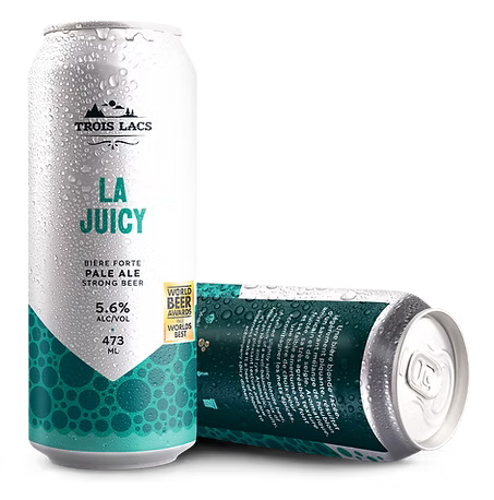 Two cans of Trois Lacs La Juicy beer on a white background