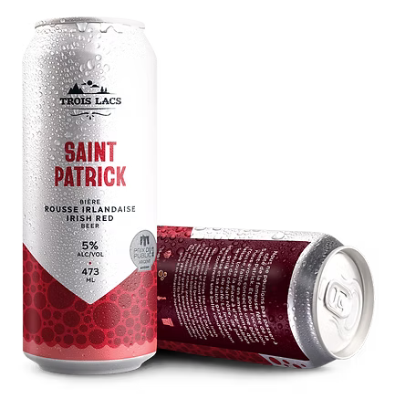 Two cans of Trois Lacs Saint Patrick Irish Red Beer on a white background