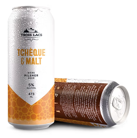 Two cans of Trois Lacs beer Tchèque & Malt with one lying on its side on a white background