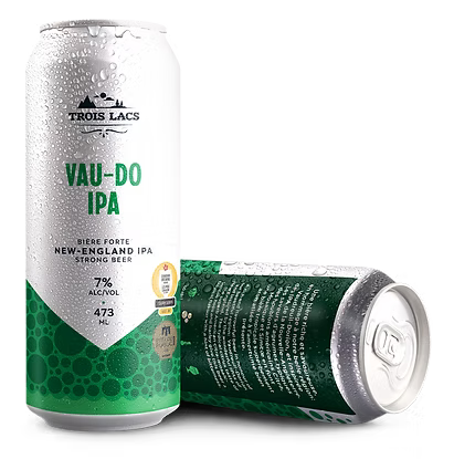 Beer can with 'Trois Lacs' branding and 'VAU-DO IPA' text on a white background