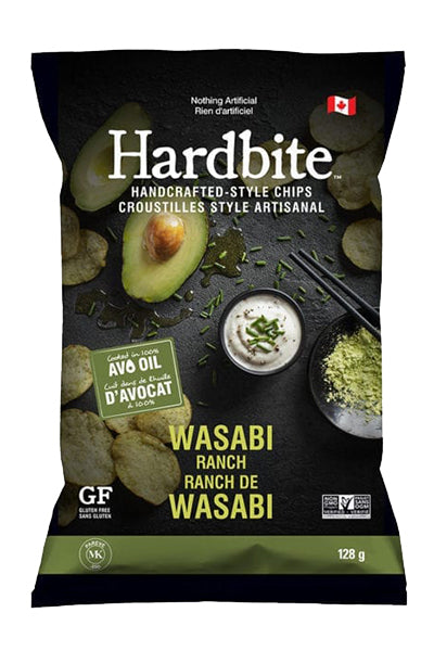 A bag of Hardbite potato chips Wasabi Ranch, featuring kettle-cooked chips with a bold blend of wasabi and creamy ranch flavor.