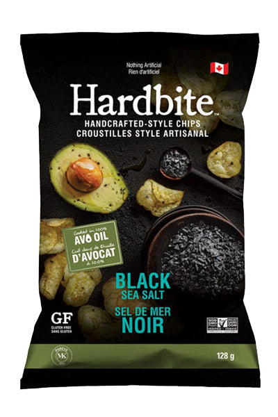 A bag of Hardbite potato chips Black Sea Salt, featuring crispy kettle-cooked chips seasoned with sea salt in branded packaging.