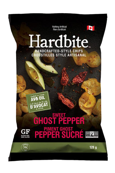 A bag of Hardbite potato chips Sweet Ghost Pepper, showcasing crunchy chips with a sweet and spicy ghost pepper seasoning.
