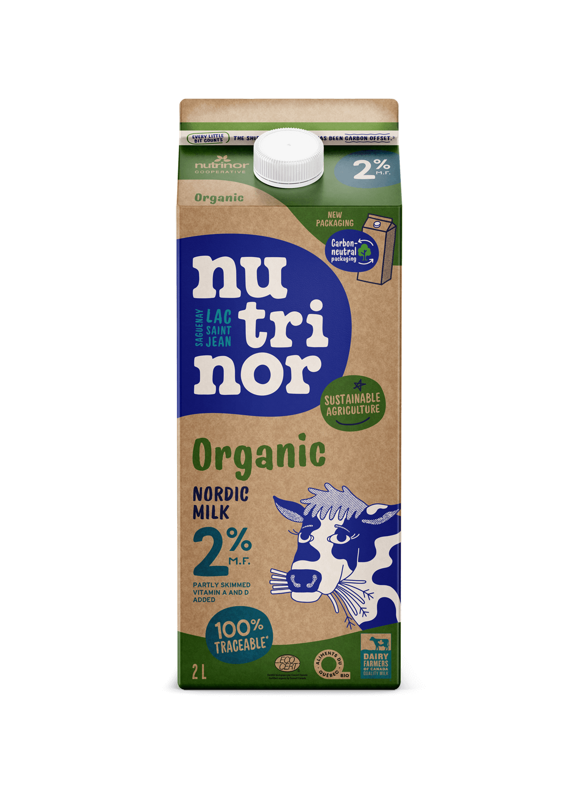 A 2L carton of Nutrinor organic milk 2%, showcasing a smooth, reduced-fat milk in labeled packaging.
