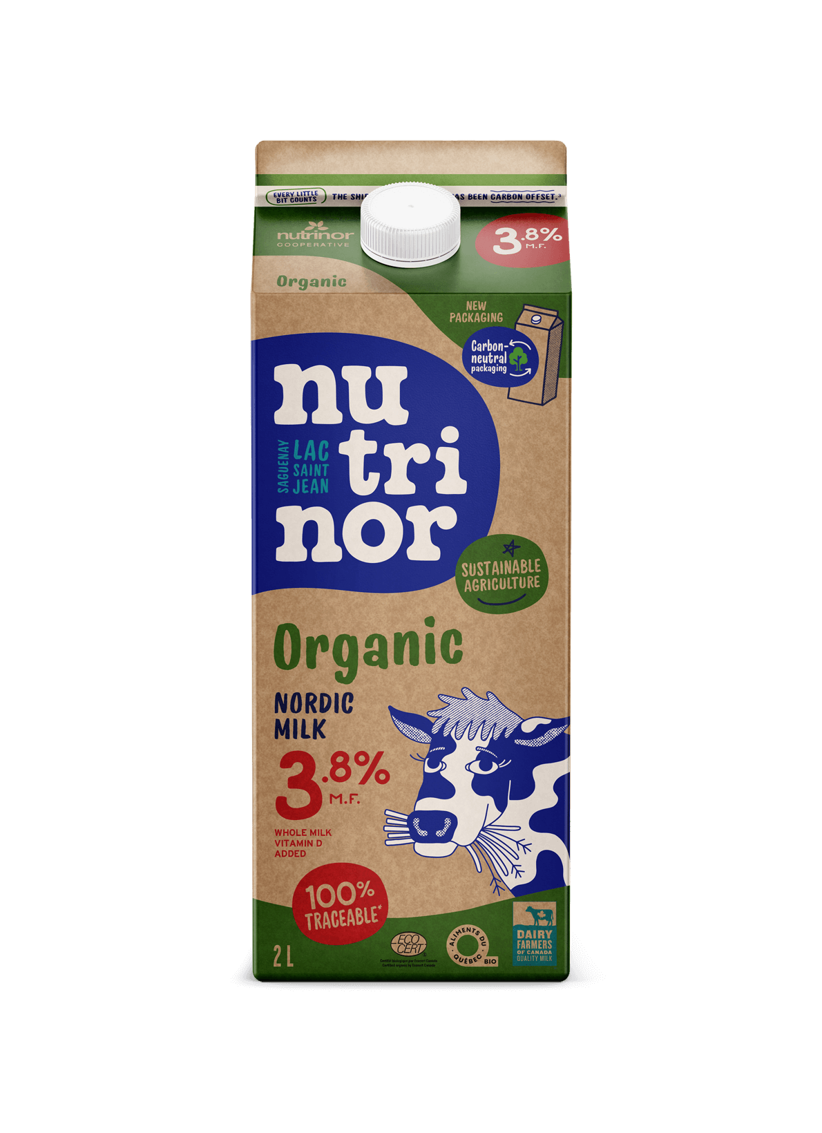 Alt text 1 (3.8% Milk):
A 2L carton of Nutrinor organic milk 3.8%, featuring rich, full-fat milk in branded packaging.